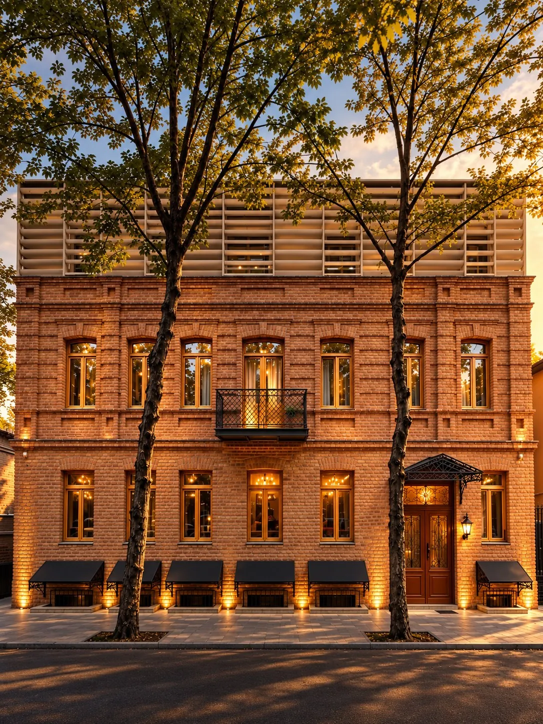 Hotel Magnolia Tbilisi by Calora Group at golden hour: a red-brick facade with glowing windows, a wrought-iron balcony and two street trees