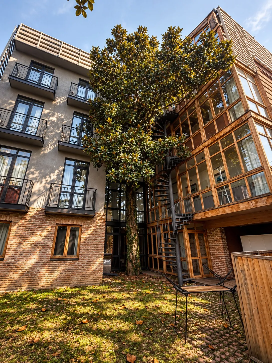 A tall, old magnolia tree in the hotel courtyard, rising between brick walls, glass windows and a spiral staircase